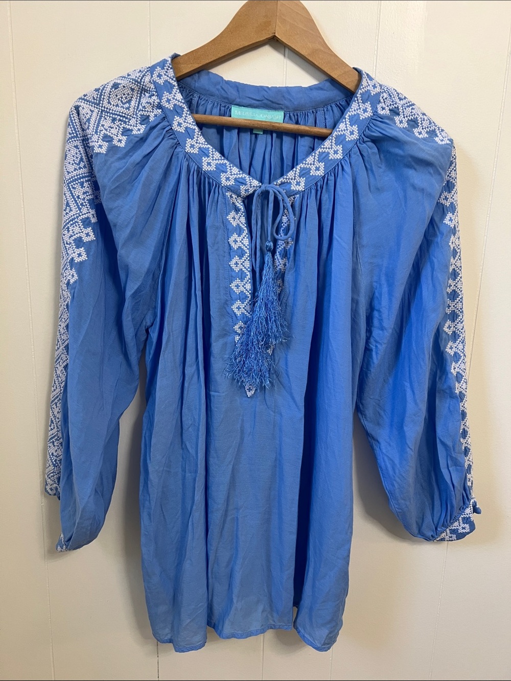 Melissa Odabash Blue Embroidered Angel Boho Peasant Tassel Blouse Tunic ONE SIZE